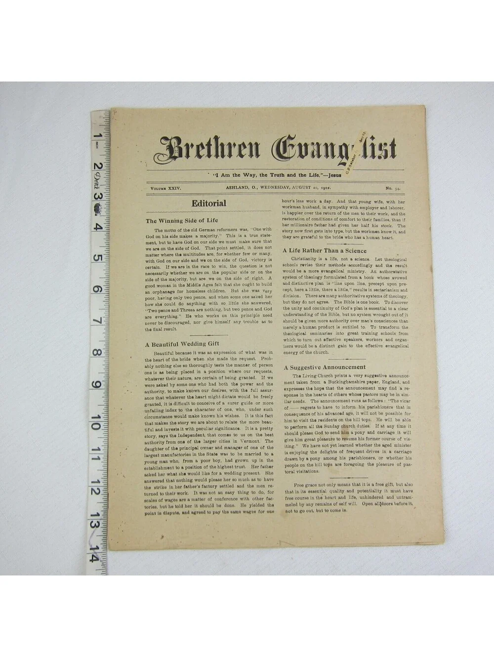Brethren Evangelist Christian Newspaper Ashland Ohio Antique August 20th 1902